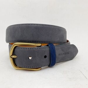 Tommy Hilfiger Men's Gray Nubuck Suede Brass Buckle Belt Bonded Leather Size 34